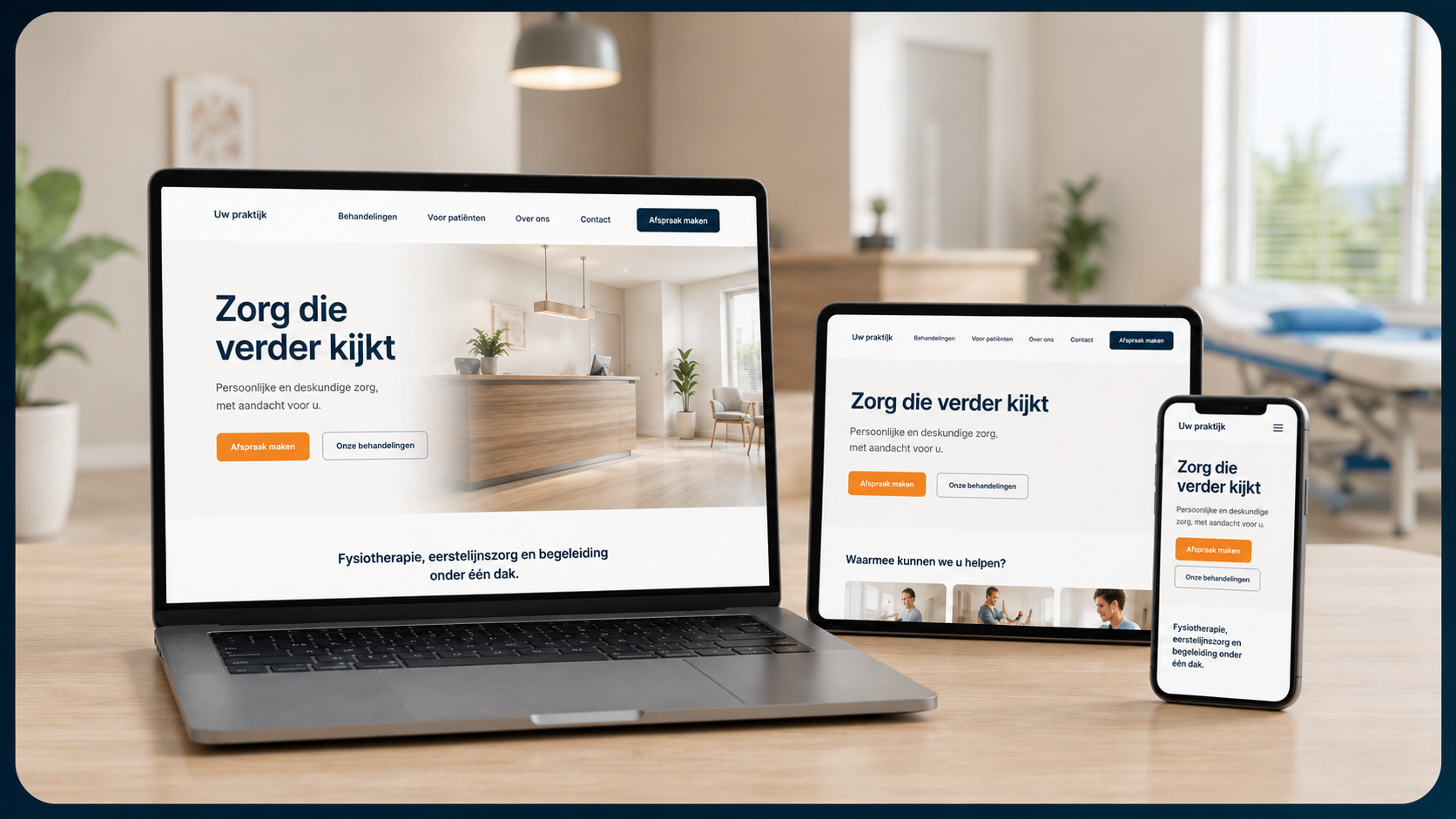 Voorbeeld van een moderne praktijkwebsite op laptop, tablet en mobiel voor zorgpraktijken